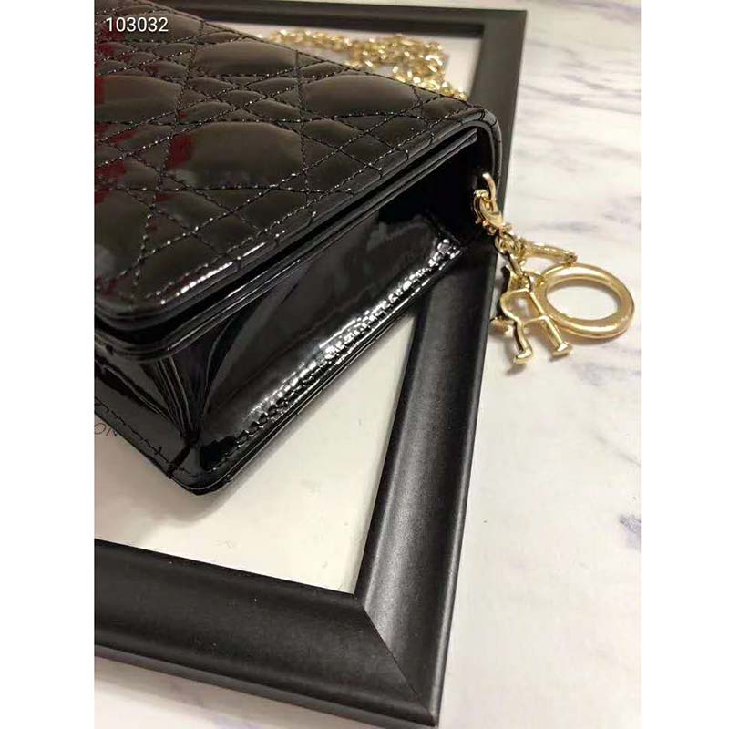 Dior Women Lady Dior Pouch Black Patent Cannage Calfskin ‘D.I.O.R.’