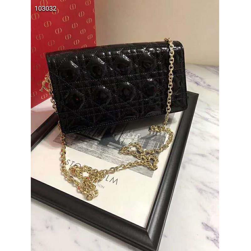 Dior Women Lady Dior Pouch Black Patent Cannage Calfskin ‘D.I.O.R.’