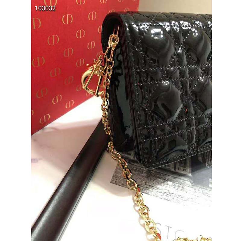 Dior Women Lady Dior Pouch Black Patent Cannage Calfskin ‘D.I.O.R.’