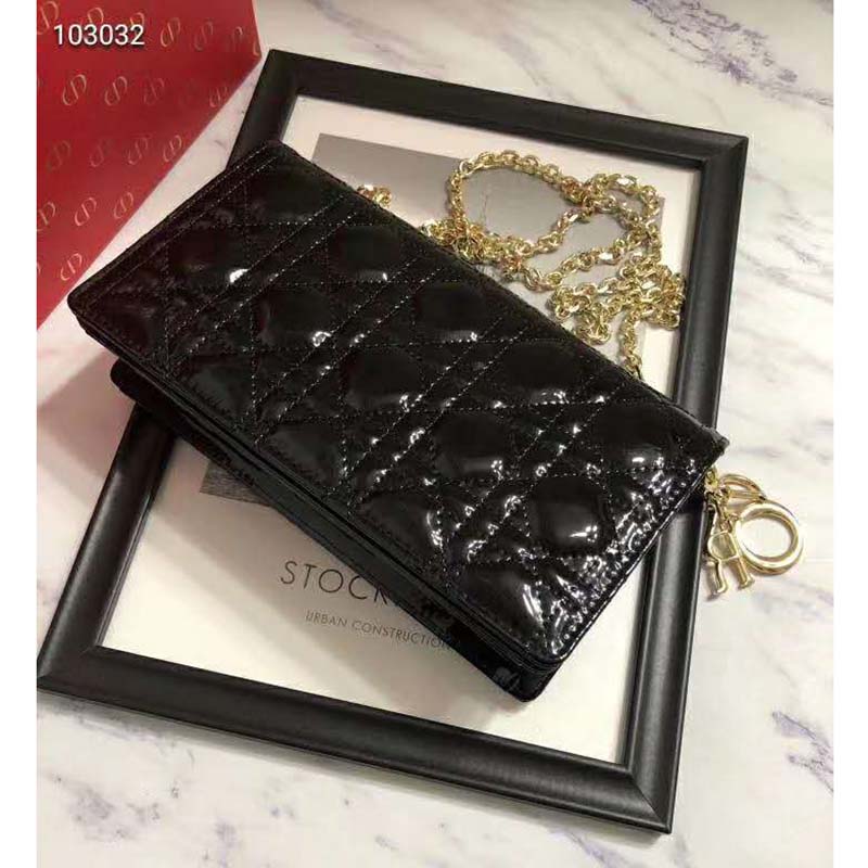 Dior Women Lady Dior Pouch Black Patent Cannage Calfskin ‘D.I.O.R.’