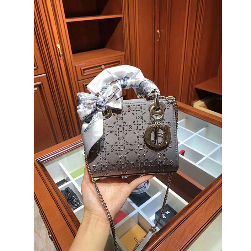 Dior Women Mini Lady Dior Bag Gray Strass Cannage Satin
