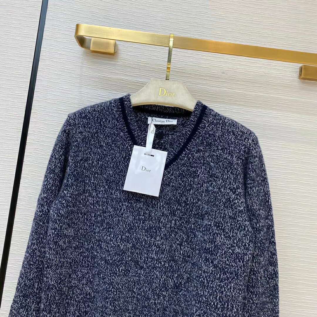 Dior Women V-Neck Sweater Blue and Gray Cashmere and Wool