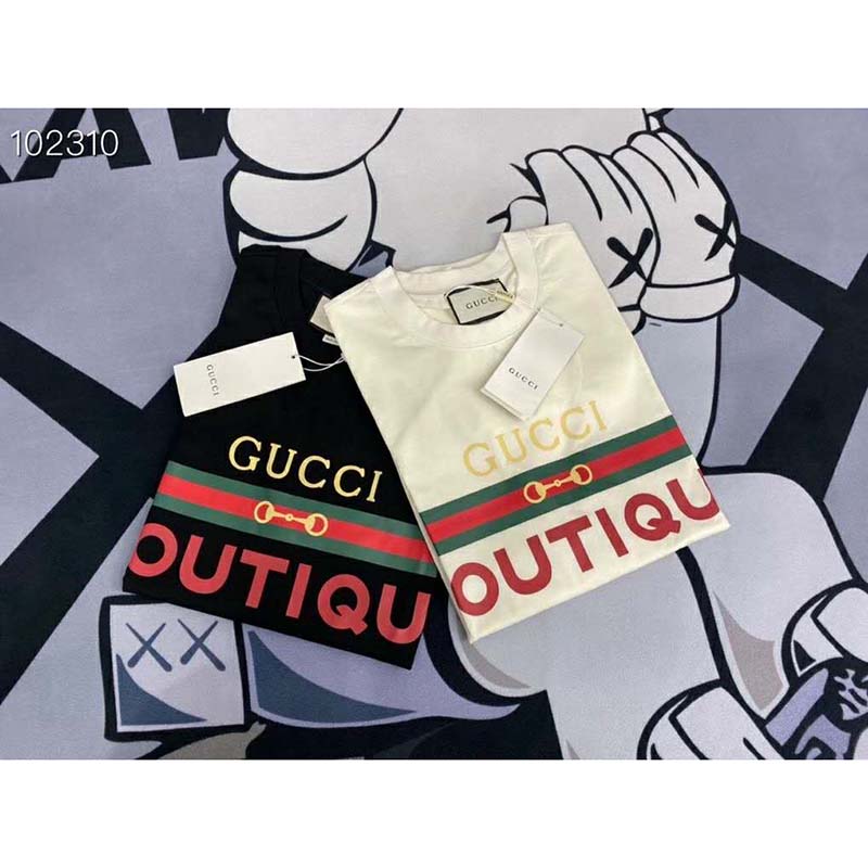 Gucci Men Gucci Boutique Print T-Shirt Off-White Cotton Jersey