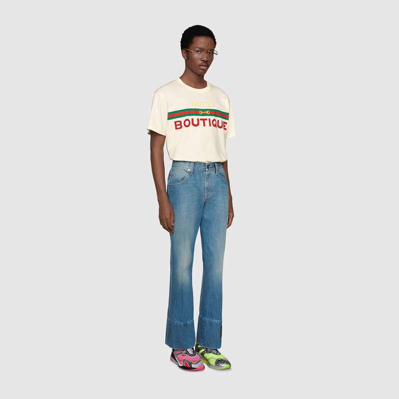 Gucci Men Gucci Boutique Print T-Shirt Off-White Cotton Jersey