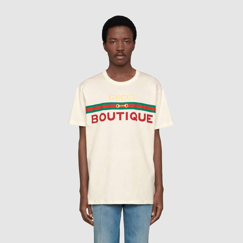 Gucci Men Gucci Boutique Print T-Shirt Off-White Cotton Jersey