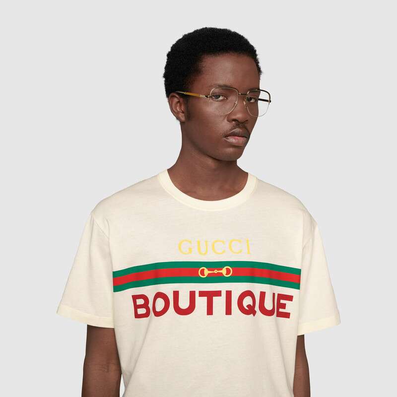 Gucci Men Gucci Boutique Print T-Shirt Off-White Cotton Jersey