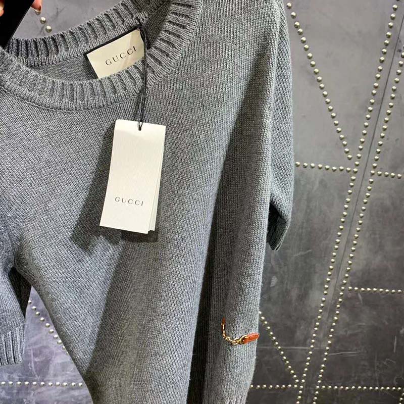 Gucci Women Cashmere Top with Horsebit Crewneck Gold-Toned Metal