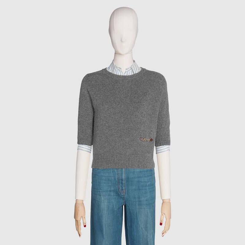 Gucci Women Cashmere Top with Horsebit Crewneck Gold-Toned Metal