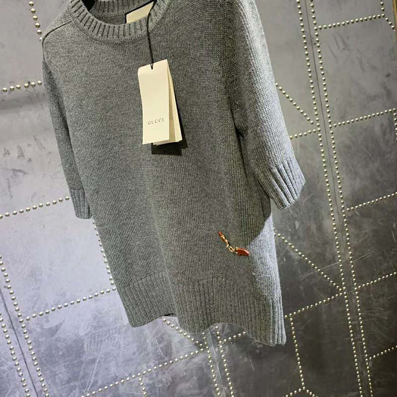 Gucci Women Cashmere Top with Horsebit Crewneck Gold-Toned Metal