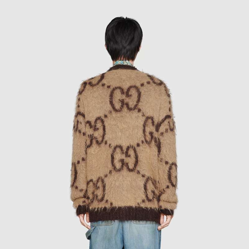 Gucci Men Reversible GG Mohair Wool Cardigan Brushed GG Jacquard Blend