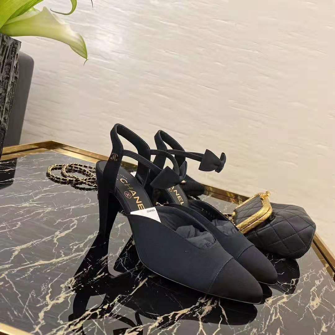 Chanel Women Pumps Grosgrain & Satin Black 10.5 cm Heel