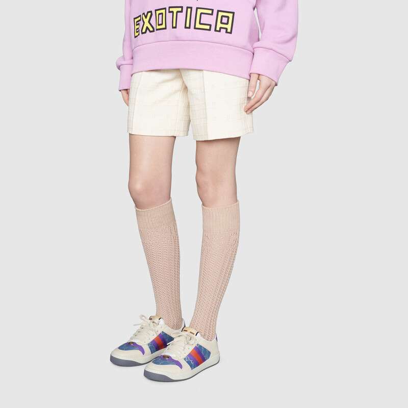 Gucci GG Unisex Screener Sneaker with Web Ivory Scrap Less Leather-Blue