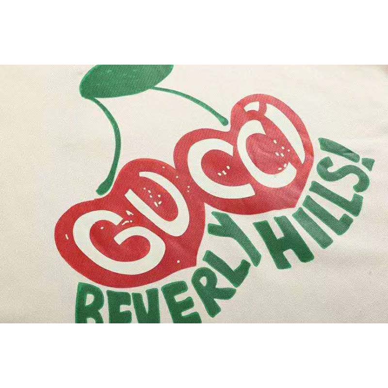 Gucci Women Beverly Hills Cherry Print Sweatshirt Cotton Jersey Crewneck Puff Sleeves-White