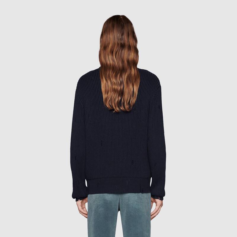 Gucci Men Disney x Gucci Donald Duck Cotton Wool Sweater Holes Crewneck Collar-Navy