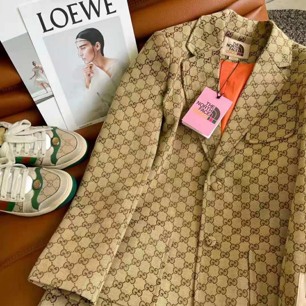 Gucci Men GG Canvas Jacket Camel/Ebony GG Cotton Canvas Full Canvas Construction