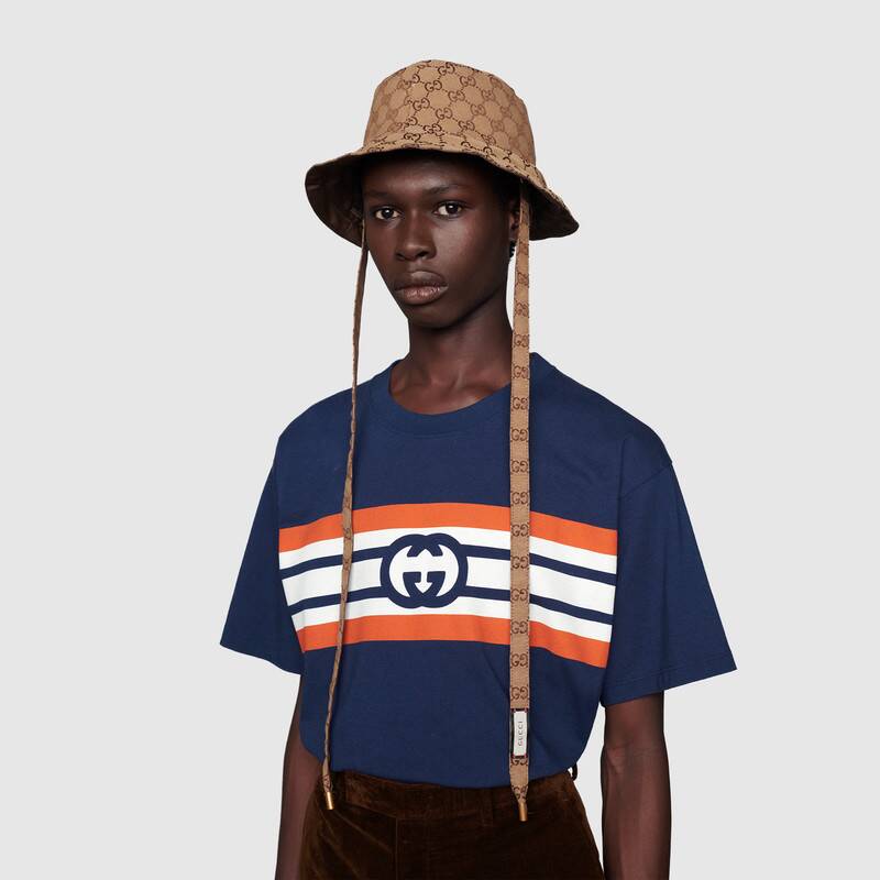 Gucci Men Interlocking G Stripe Print T-Shirt Cotton Jersey Crewneck Oversize Fit-Navy