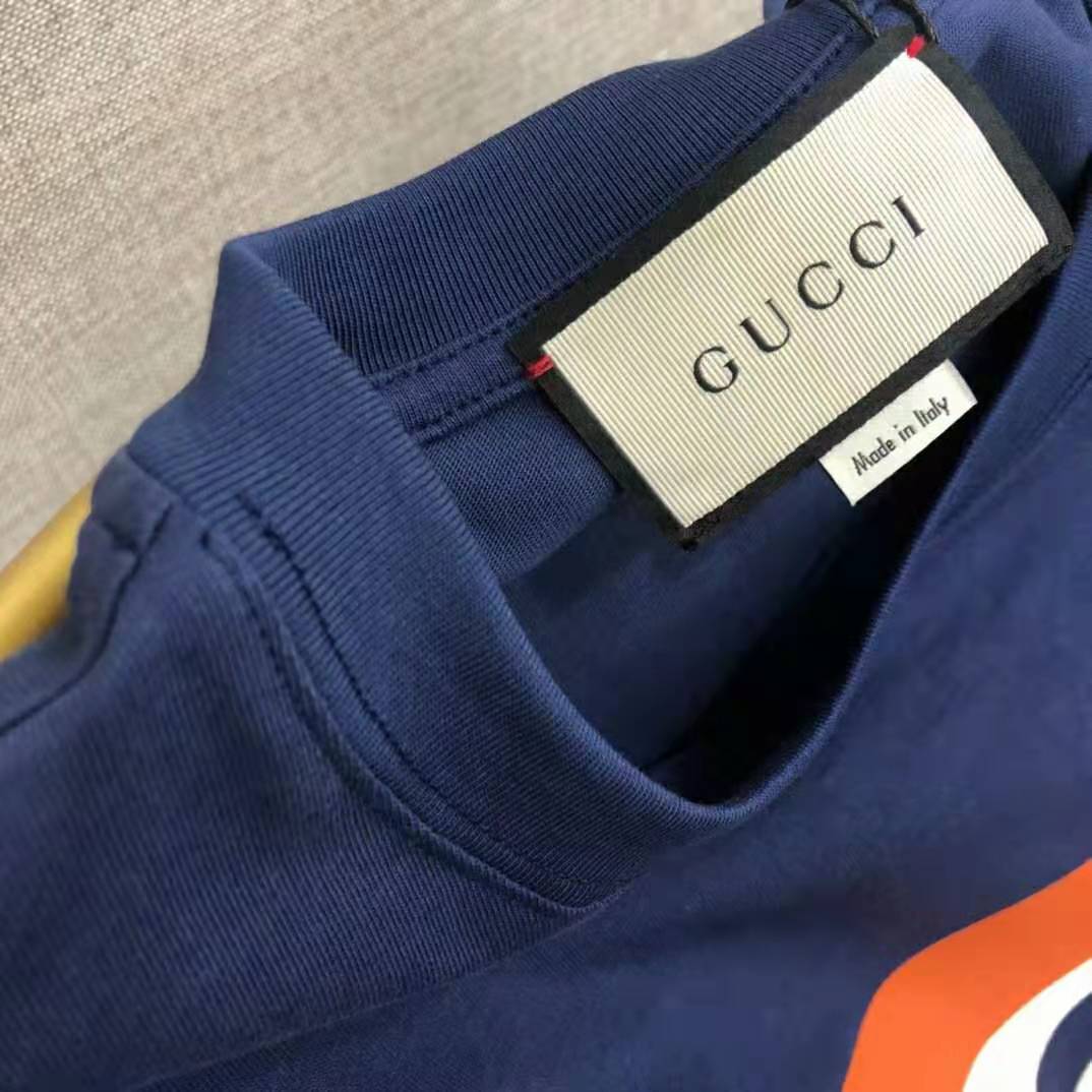 Gucci Women Interlocking G Stripe Print T-Shirt Cotton Jersey Crewneck Oversize Fit-Navy