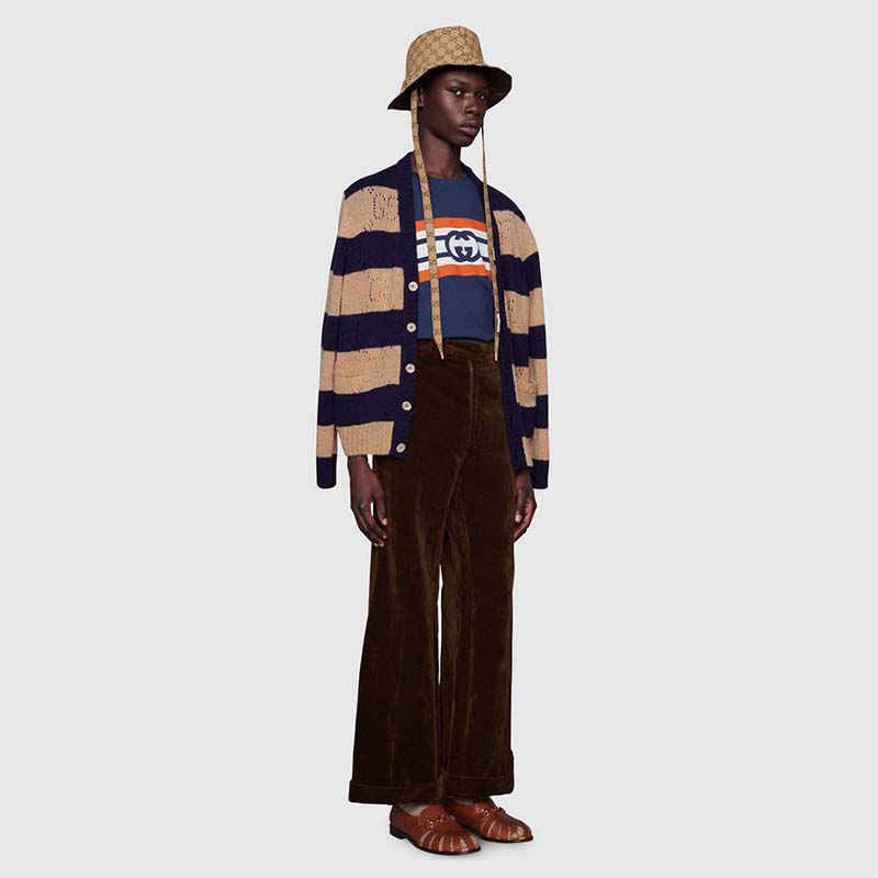Gucci Men Interlocking G Stripe Print T-Shirt Cotton Jersey Crewneck Oversize Fit-Navy