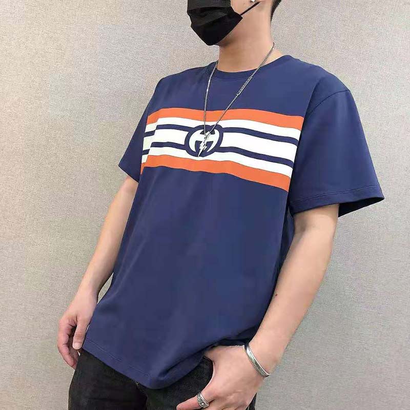 Gucci Men Interlocking G Stripe Print T-Shirt Cotton Jersey Crewneck Oversize Fit-Navy