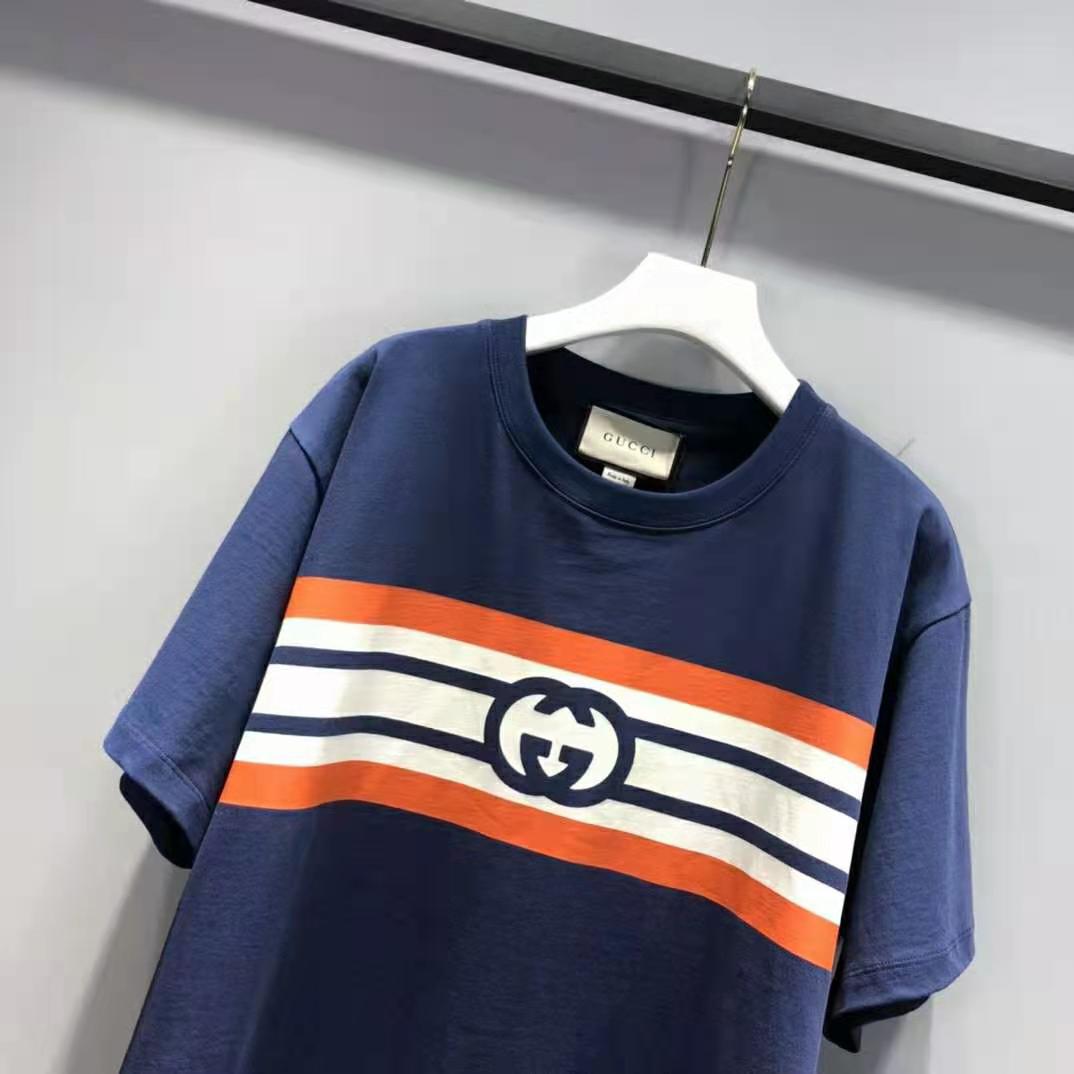 Gucci Women Interlocking G Stripe Print T-Shirt Cotton Jersey Crewneck Oversize Fit-Navy