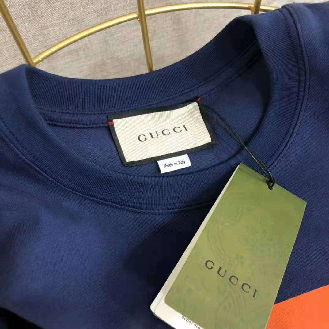 Gucci Women Interlocking G Stripe Print T-Shirt Cotton Jersey Crewneck Oversize Fit-Navy
