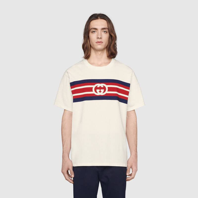 Gucci Men Interlocking G Stripe Print T-Shirt Cotton Jersey Crewneck Oversize Fit-White
