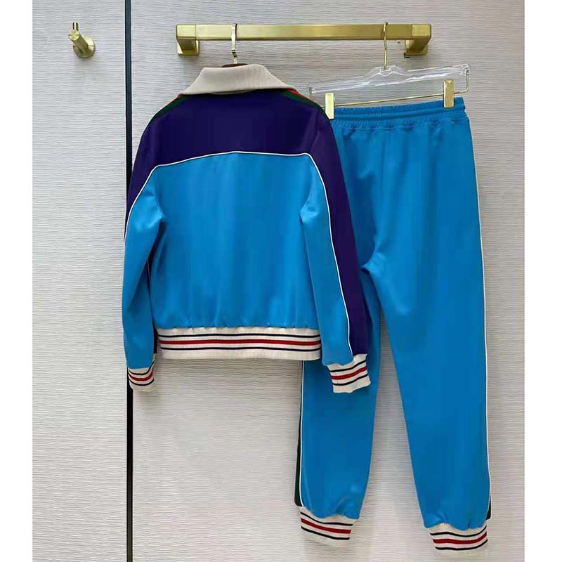 Gucci Women Technical Jersey Zip-Up Jacket with Web Interlocking G-Blue