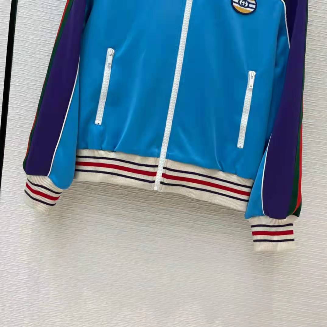 Gucci Women Technical Jersey Zip-Up Jacket with Web Interlocking G-Blue