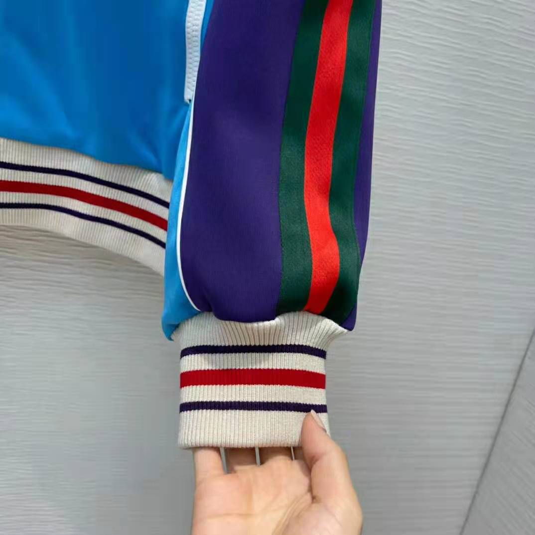 Gucci Women Technical Jersey Zip-Up Jacket with Web Interlocking G-Blue