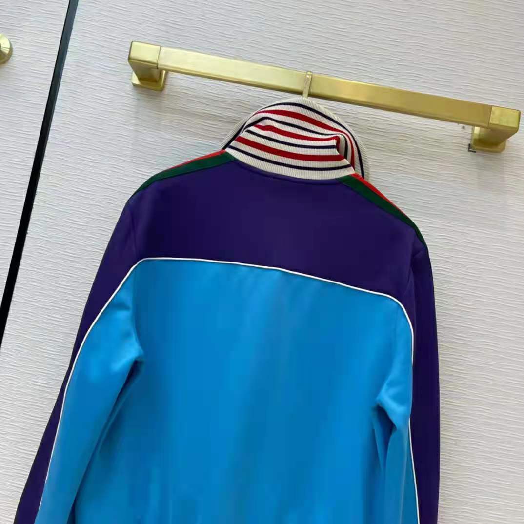 Gucci Women Technical Jersey Zip-Up Jacket with Web Interlocking G-Blue