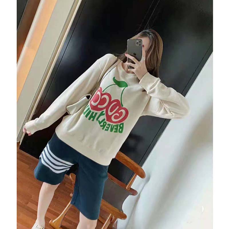 Gucci Women Beverly Hills Cherry Print Sweatshirt Cotton Jersey Crewneck Puff Sleeves-White