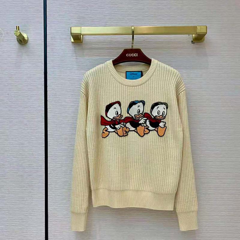 Gucci Men Disney x Gucci Donald Duck Cotton Wool Sweater Crewneck-White