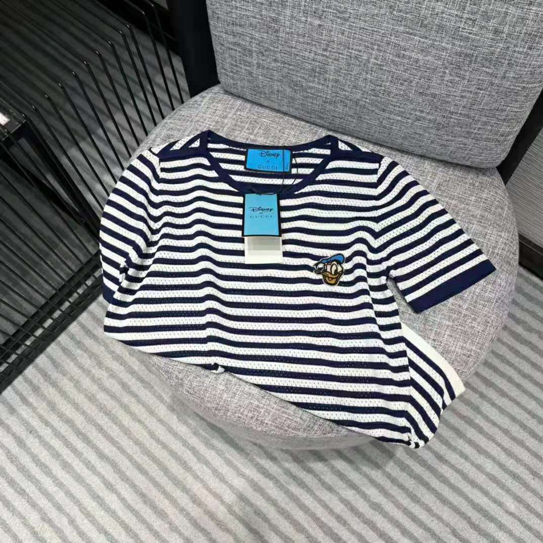 Gucci Men Disney x Gucci Donald Duck Striped T-Shirt Cotton Jersey Crewneck Short Sleeves