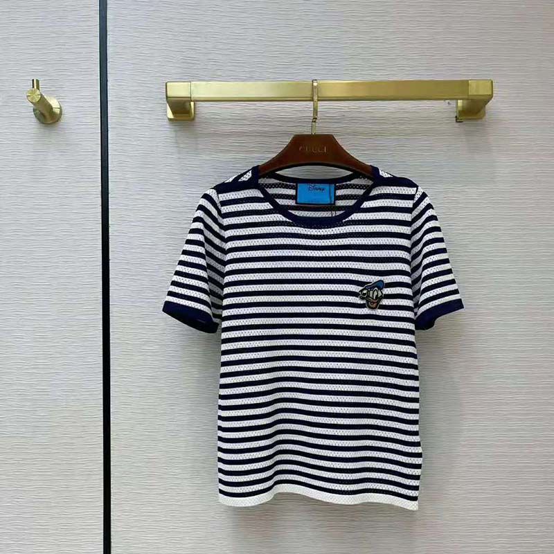 Gucci Men Disney x Gucci Donald Duck Striped T-Shirt Cotton Jersey Crewneck Short Sleeves