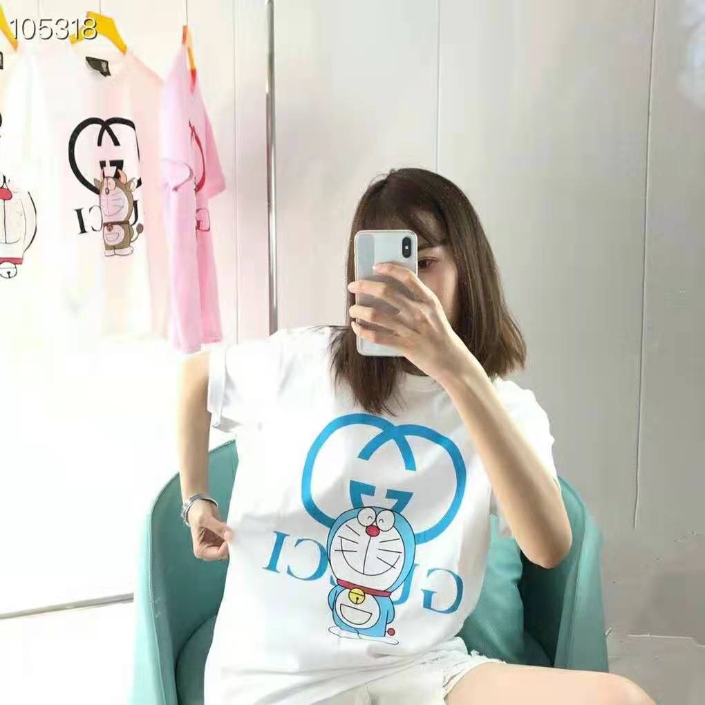 Gucci Women Doraemon x Gucci Oversize T-Shirt Ivory Cotton Jersey Crewneck-Blue