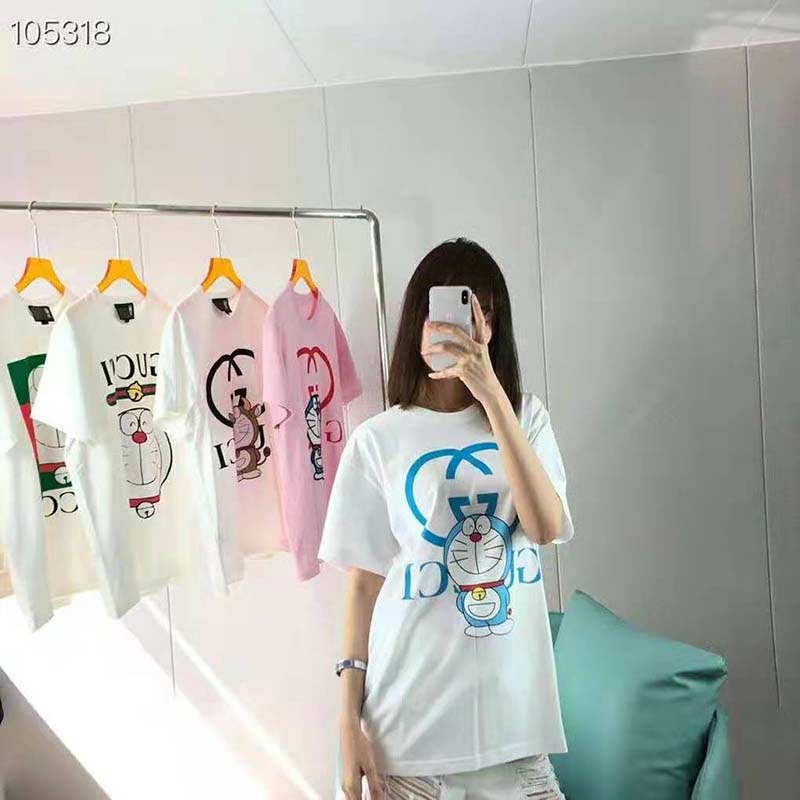 Gucci Women Doraemon x Gucci Oversize T-Shirt Ivory Cotton Jersey Crewneck-Blue