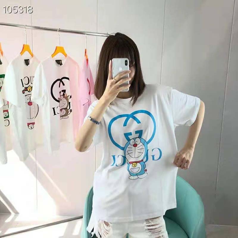 Gucci Women Doraemon x Gucci Oversize T-Shirt Ivory Cotton Jersey Crewneck-Blue