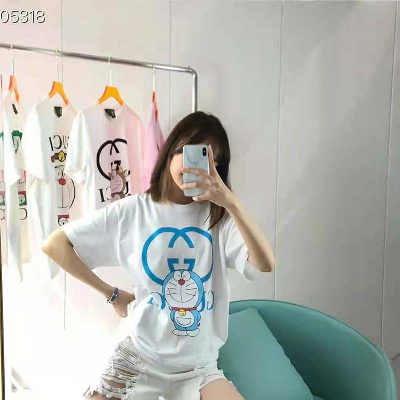 Gucci Women Doraemon x Gucci Oversize T-Shirt Ivory Cotton Jersey Crewneck-Blue