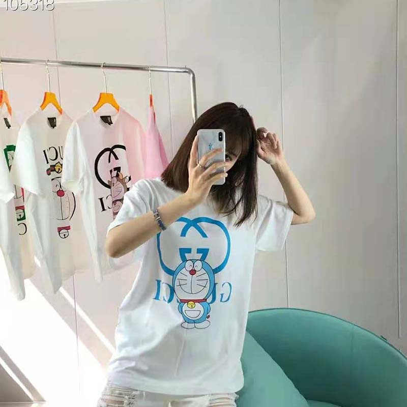 Gucci Women Doraemon x Gucci Oversize T-Shirt Ivory Cotton Jersey Crewneck-Blue