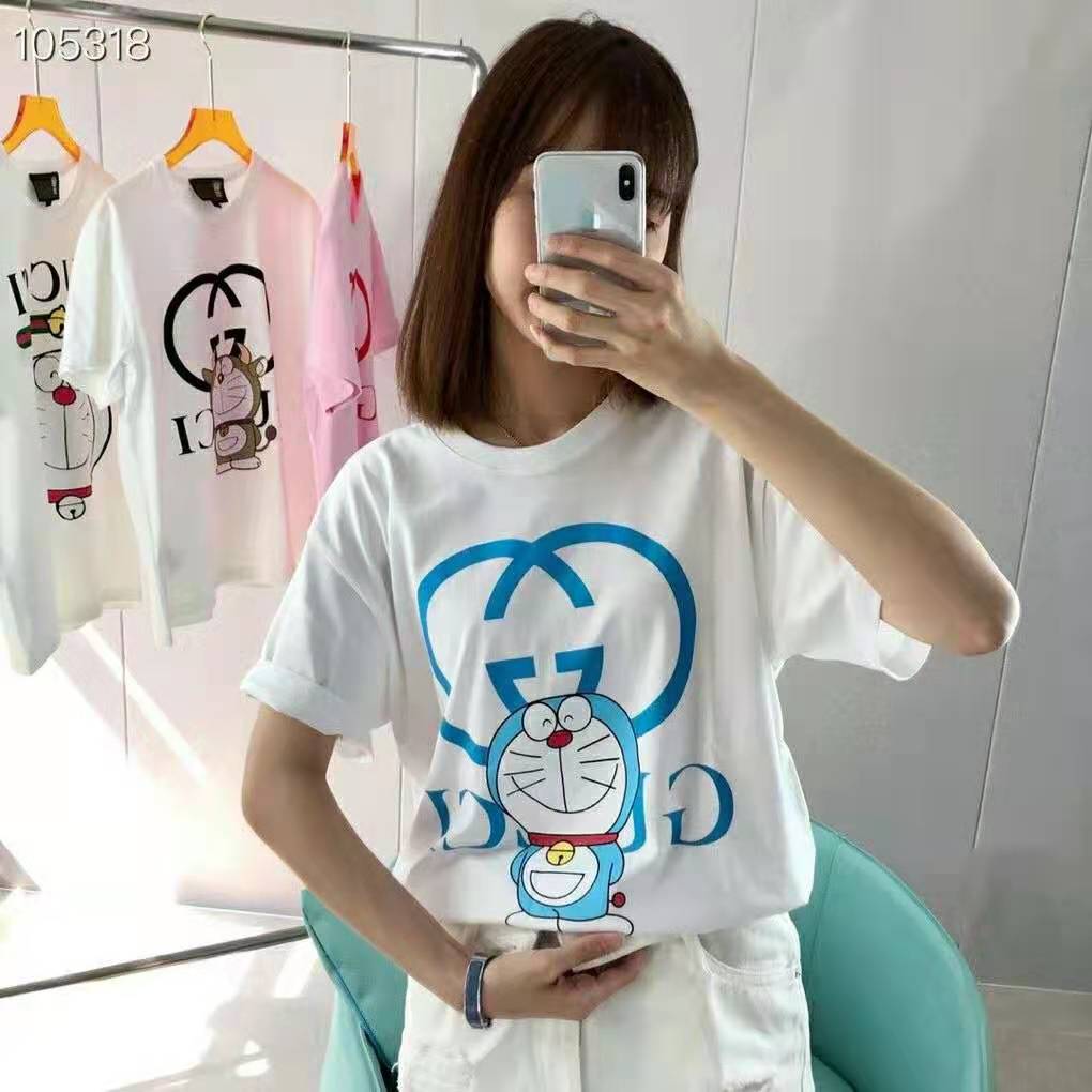 Gucci Women Doraemon x Gucci Oversize T-Shirt Ivory Cotton Jersey Crewneck-Blue