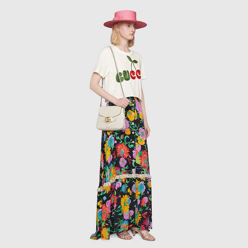 Gucci Women Gucci Cherry Print Cotton T-Shirt Jersey Crewneck Cropped Fit-White