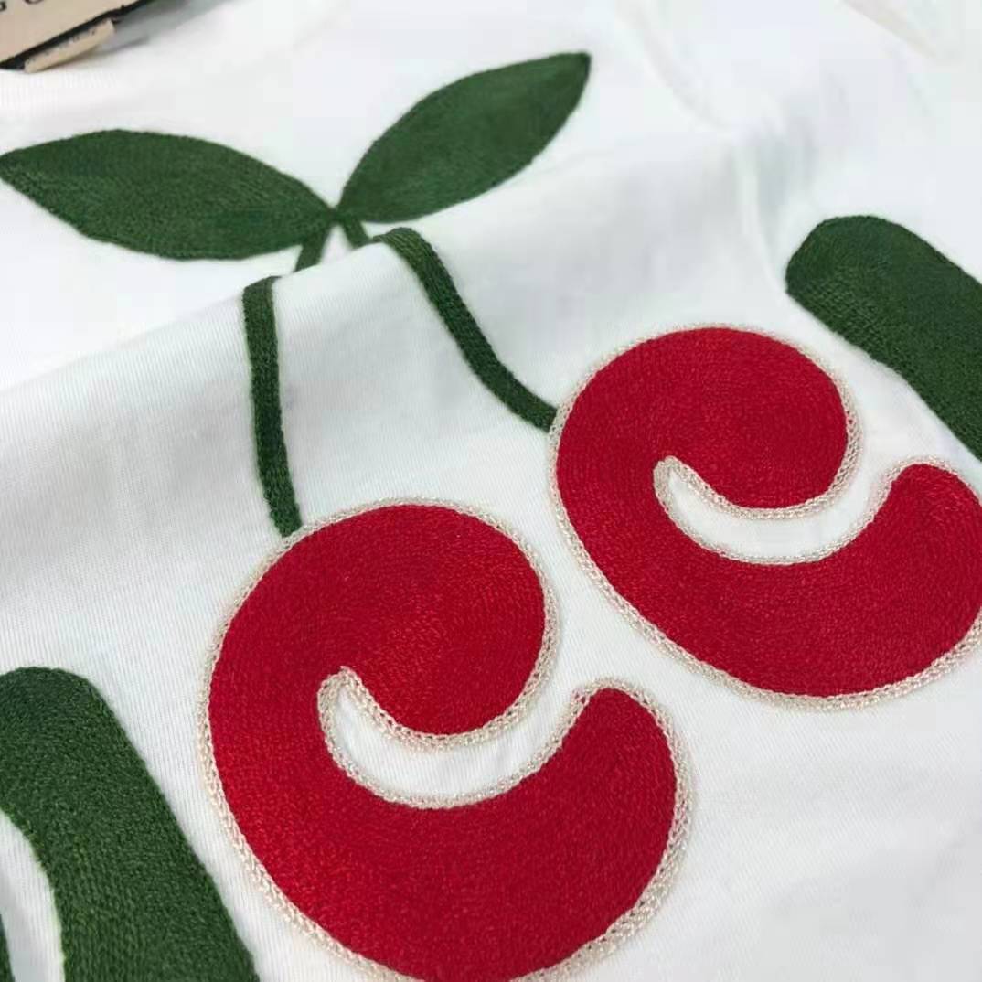 Gucci Women Gucci Cherry Print Cotton T-Shirt Jersey Crewneck Cropped Fit-White