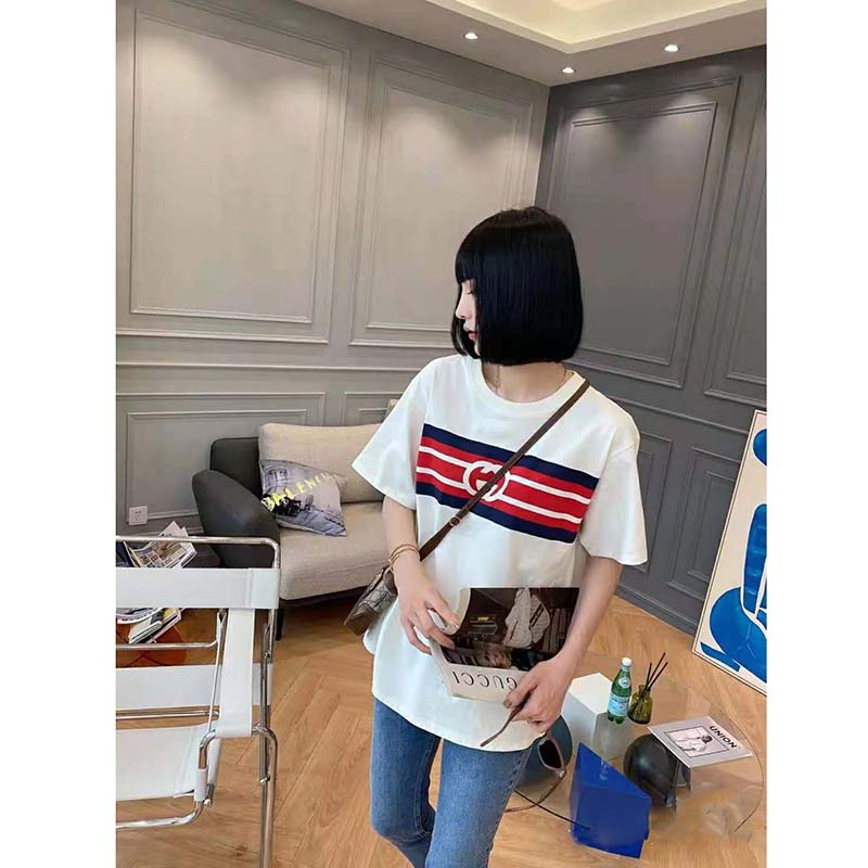 Gucci Women Interlocking G Stripe Print T-Shirt Cotton Jersey Crewneck Oversize Fit-White