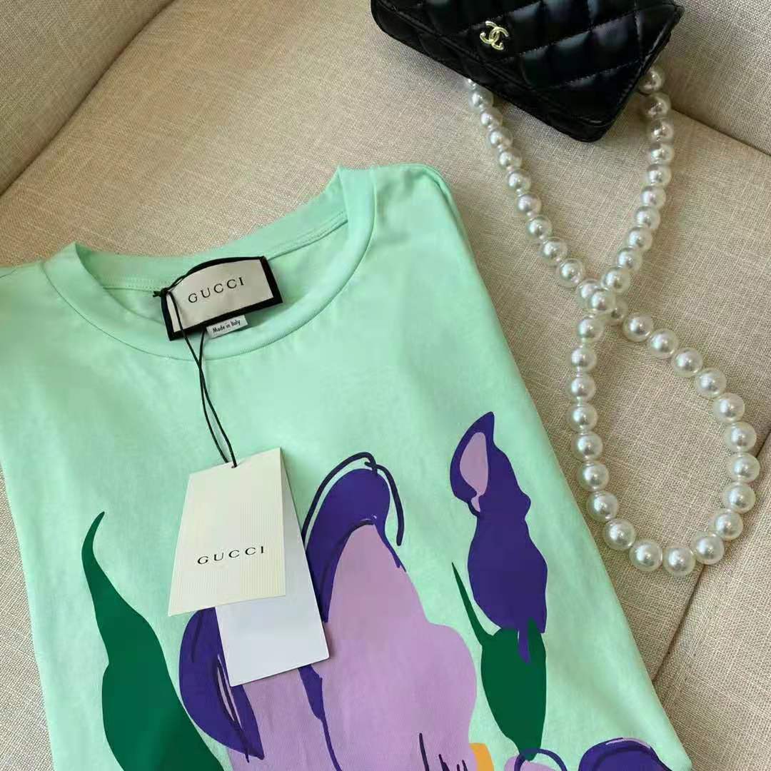 Gucci Men Ken Scott Print Cotton T-Shirt Purple Flower Crewneck Oversize Fit-Lime