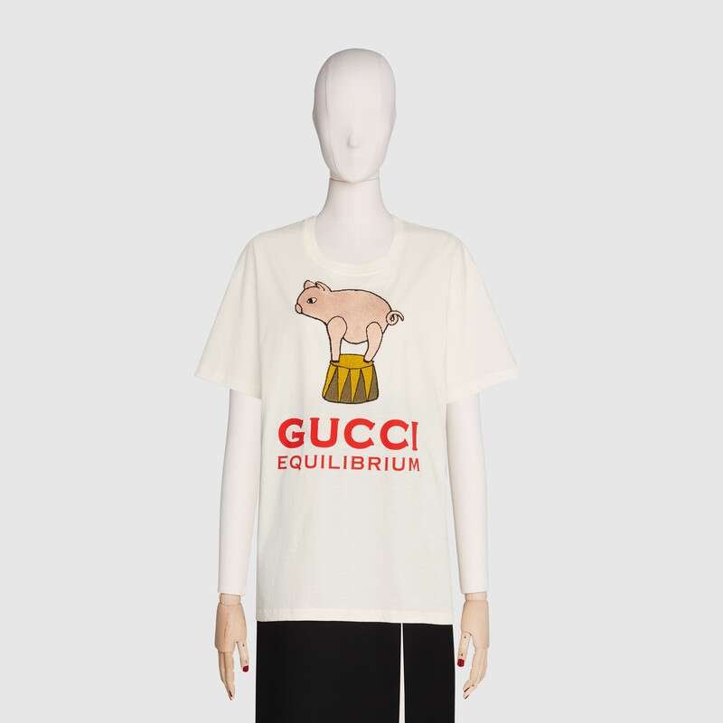 Gucci Men Piglet Patch Oversize T-Shirt Cotton Jersey Crewneck Oversize Fit-White