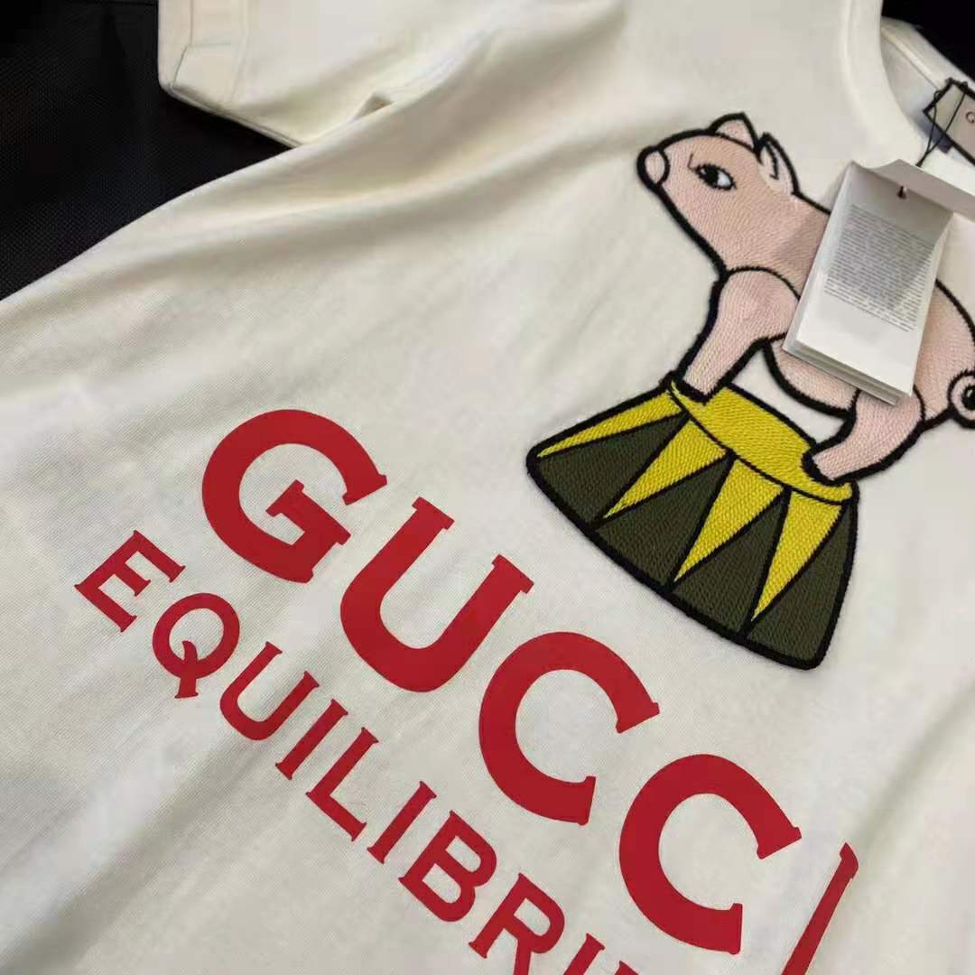 Gucci Men Piglet Patch Oversize T-Shirt Cotton Jersey Crewneck Oversize Fit-White