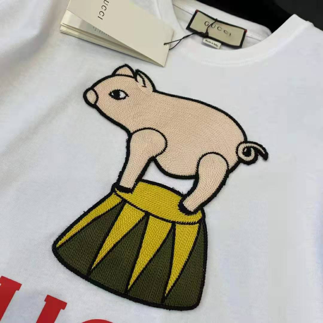 Gucci Men Piglet Patch Oversize T-Shirt Cotton Jersey Crewneck Oversize Fit-White