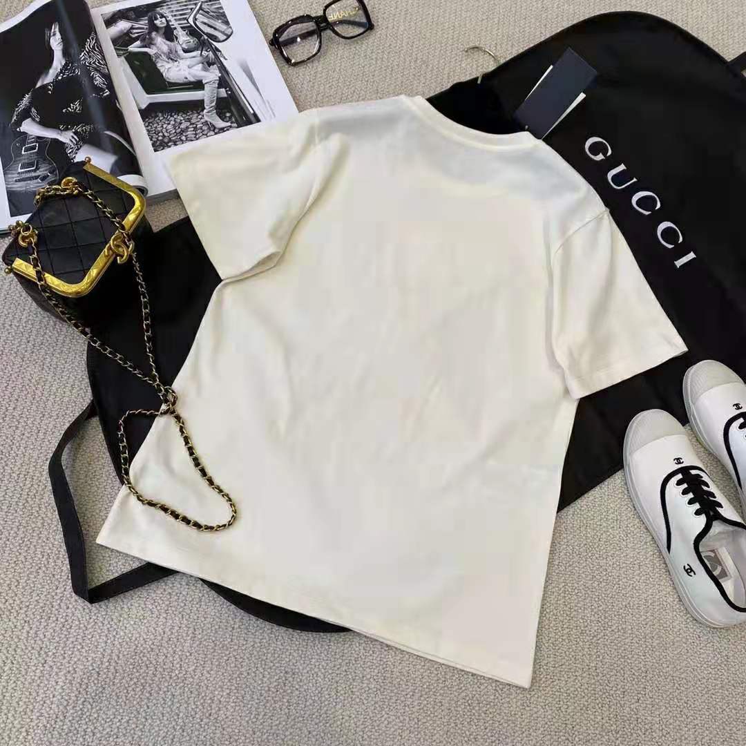Gucci Men Piglet Patch Oversize T-Shirt Cotton Jersey Crewneck Oversize Fit-White