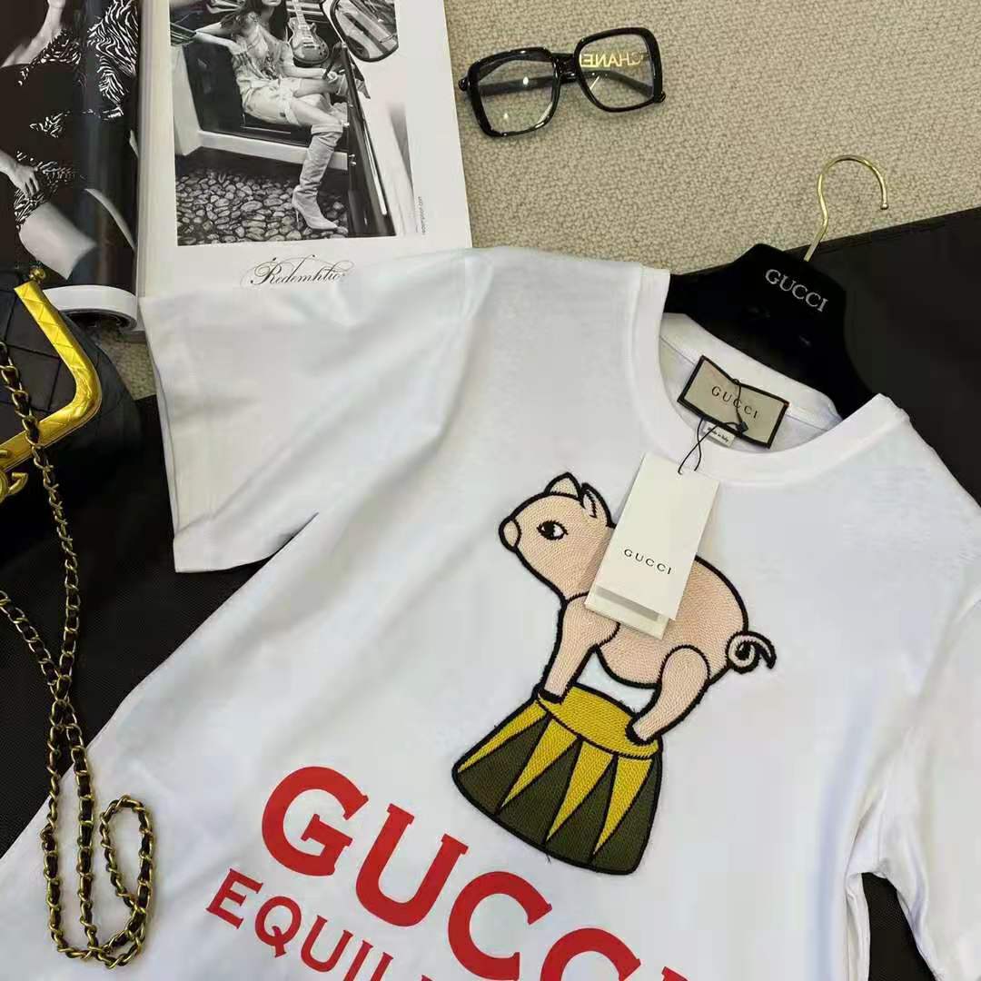 Gucci Men Piglet Patch Oversize T-Shirt Cotton Jersey Crewneck Oversize Fit-White