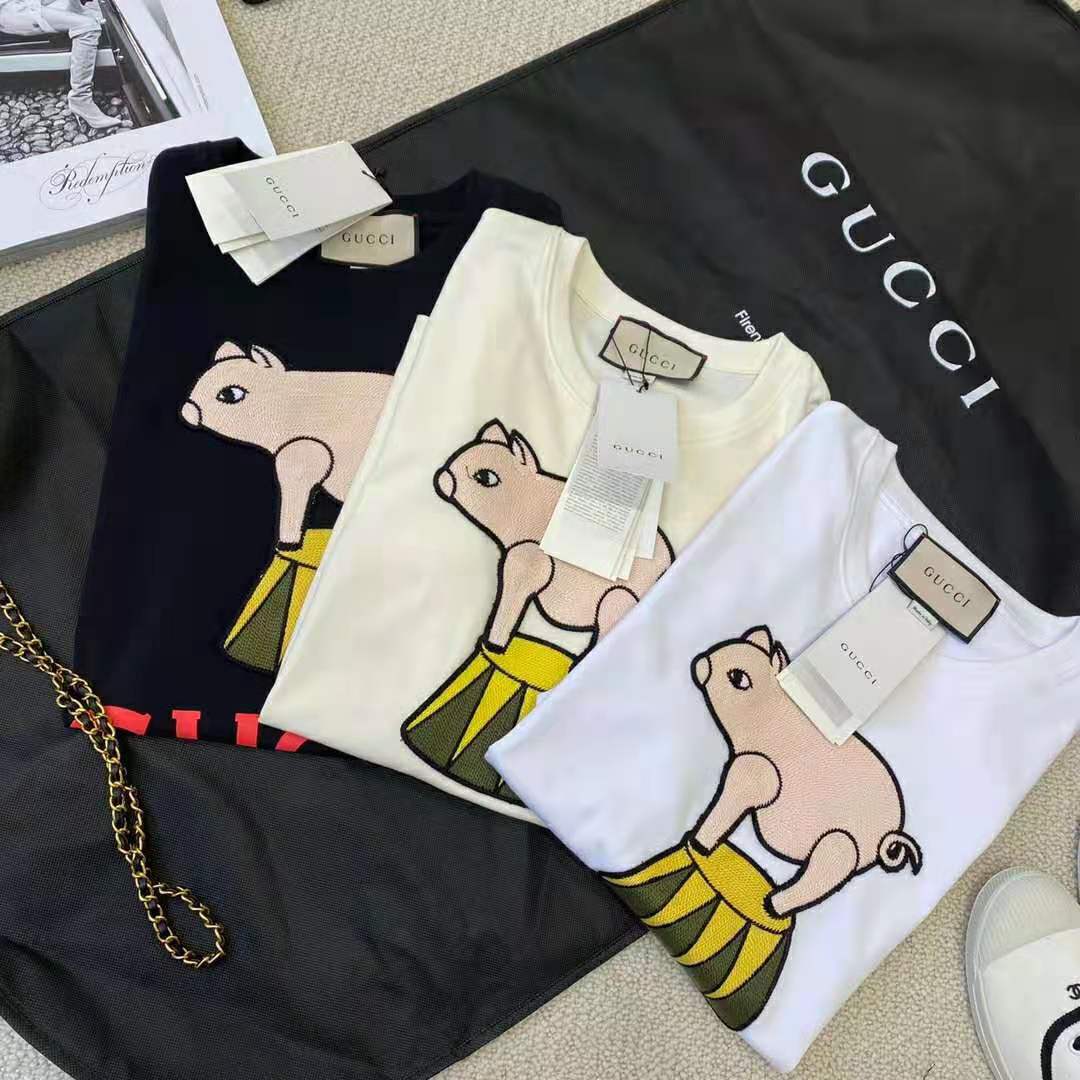 Gucci Men Piglet Patch Oversize T-Shirt Cotton Jersey Crewneck Oversize Fit-White